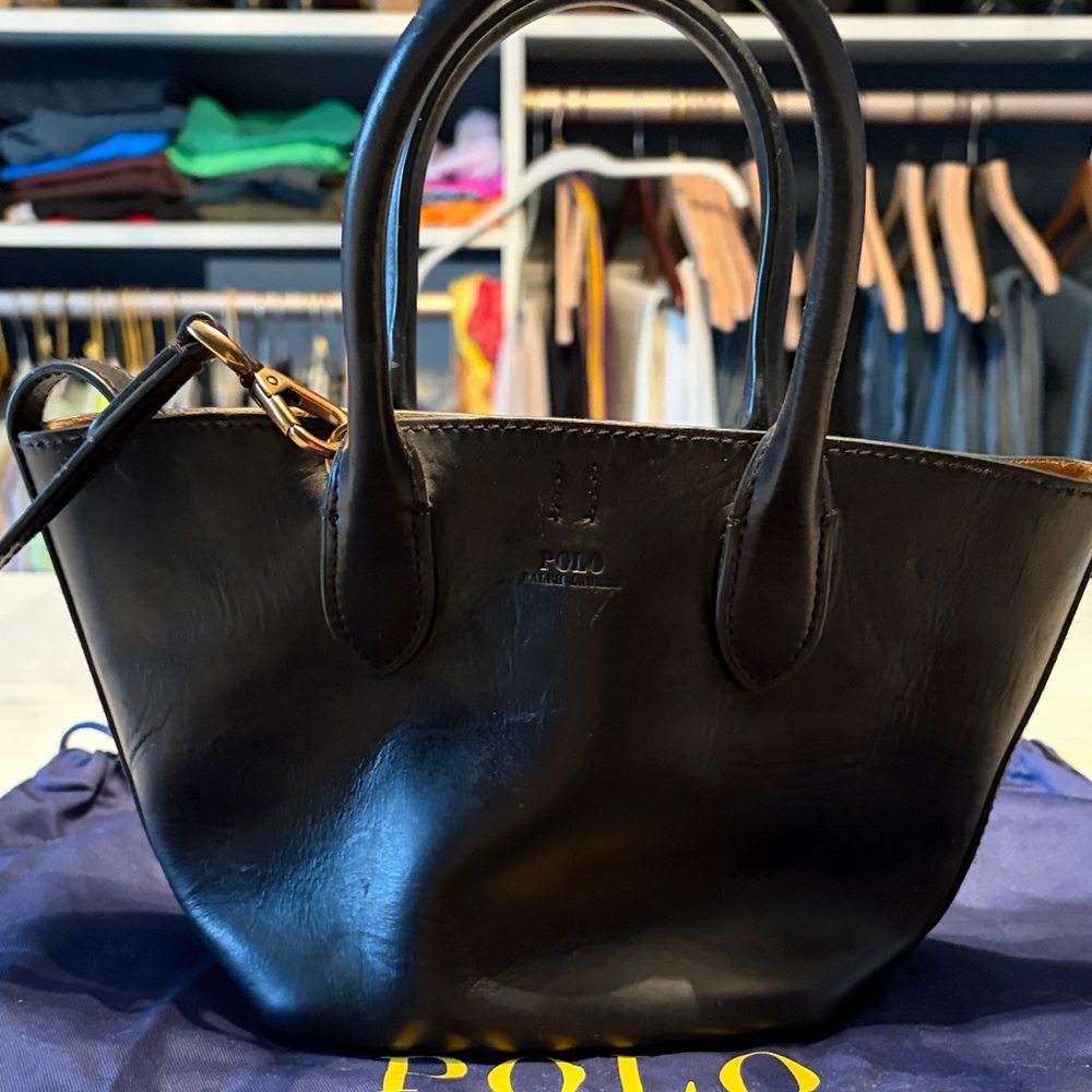 Polo by Ralph Lauren “Bellport” Black Leather Mini Tote with Gold Hardware